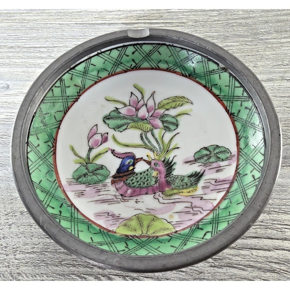 Vtg Chinese Cantonese Famille Verte Medallion Ashtray Trinket Plate W/ Pewter